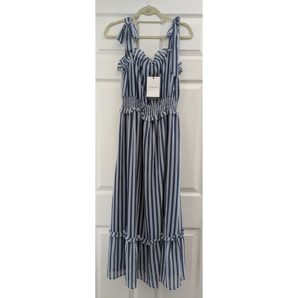 Who What Wear Blue White Workwear Stripe Tie Strap Tank Top Long Maxi Dress